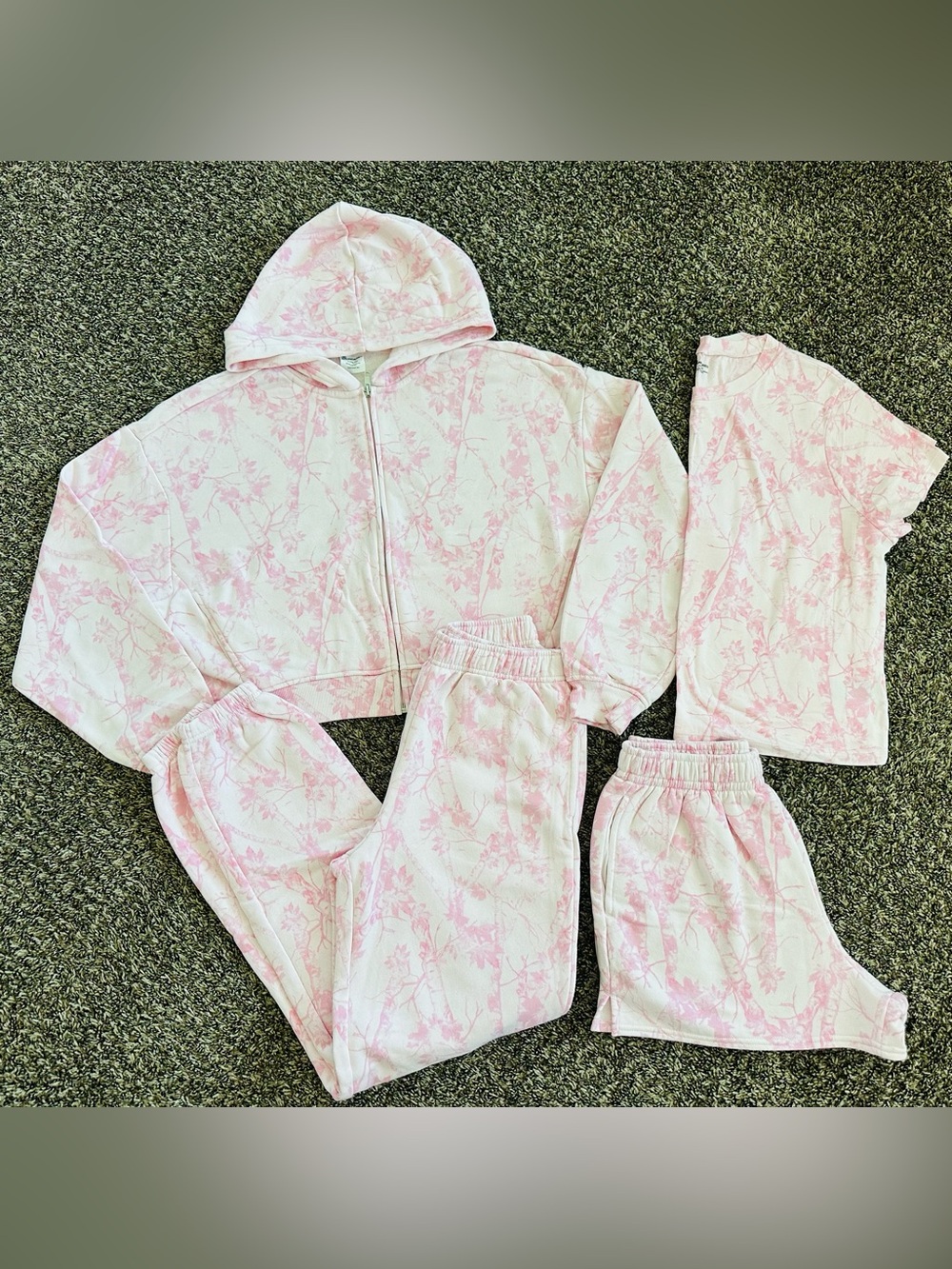 Women’s Pink Floral Zip Hoodie & Jogger/shorts/shirt Set